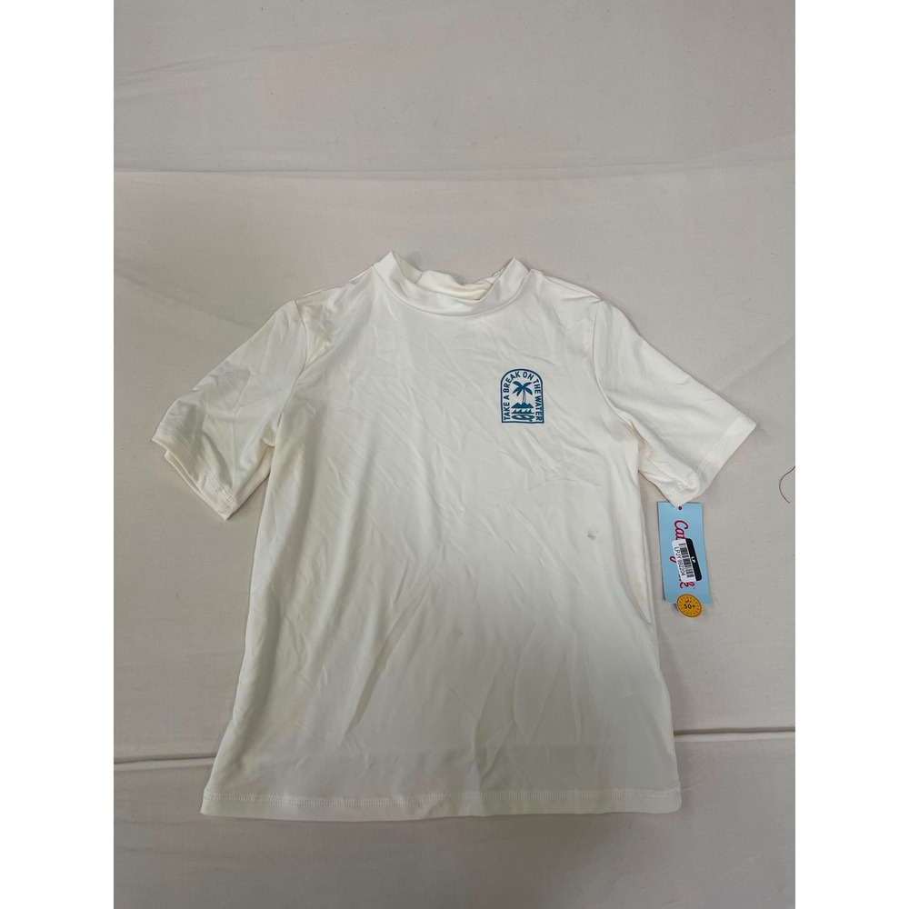 Cat & Jack Kids Cream Short Sleeve Rash Guard Swim Shirt UPF 50+ Size M 8
